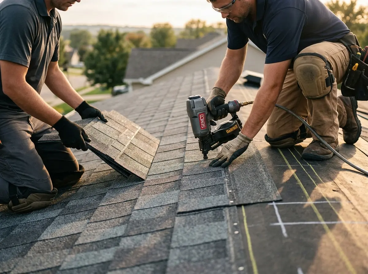 Professional roofer working on a residential roof in Lawrence